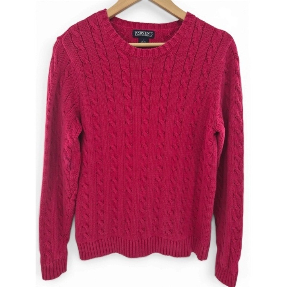 Vintage Lands End Cable Knit Sweater Womens Size Medium Pink Cotton Crew Neck